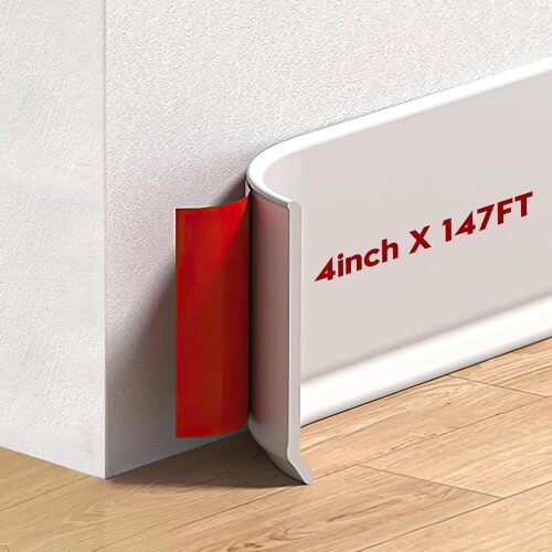 White Wall Molding Trim, 4 Inch x 147 FT Vinyl Baseboard Trim - Peel and Stick Self-Adhesive, Flexible Cove Base Design Prevents Scuffs and Easy to Clean - Lot 1854