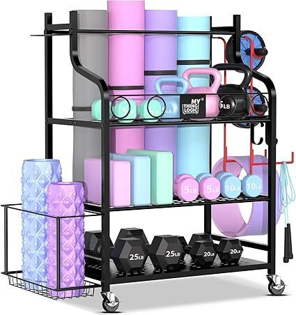 Mythinglogic Yoga Mat Storage Racks,Home Gym Storage Rack for Dumbbells Kettlebells Foam Roller, Yoga Strap and Resistance Bands, Workout Equipment Storage Organizer With Hooks and Wheels - Lot 1958