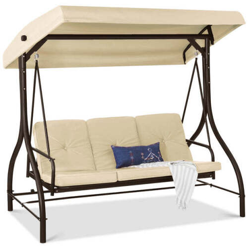 3-Seat Outdoor Canopy Swing Glider Furniture w/ Converting Flatbed Backrest - Lot 1061