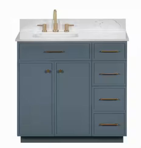 Glacier Bay Marcote 36 in. Single Sink Freestanding Slate Blue Bath Vanity with Venato Engineered Stone Top - Lot 6JF