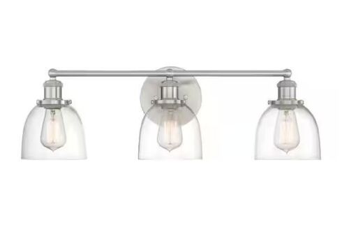Home Decorators Collection Evelyn 26.75 in. 3-Light Brushed Nickel Vanity Light with Clear Glass Shades - Lot 348JF
