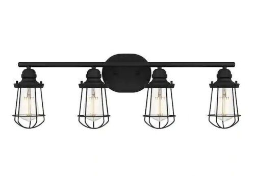 Hampton Bay Southbourne 28 in. 4-Light Matte Black Vanity Light with Open Steel Cage Frame - Lot 431JF