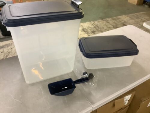 IRIS 54 lbs Airtight Pet Food Storage Combo with Scoop in Navy - Crack on Bottom - Lot 542JF