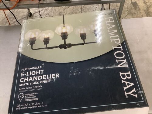 Hampton Bay Florabelle 5-Light Chandelier Matte Black Clear Globe Glass Shades - 1 Shade Broken - Lot 633JF