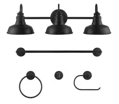 Hampton Bay Elmcroft 29 in. 3-Light Matte Black Farmhouse Vanity Light with Matching 4-Piece Bathroom Hardware Accessory Kit - Lot 440JF