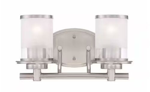 Lot of (2) Hampton Bay Truitt 14.2 in. 2-Light Brushed Nickel Modern Transitional Vanity with Frosted and Clear Edge Glass Shades - Lot 443JF