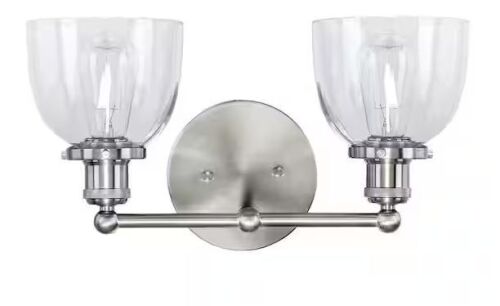 Home Decorators Collection Evelyn 16.25 in. 2-Light Brushed Nickel Industrial Vanity with Clear Glass Shades - Lot 445JF