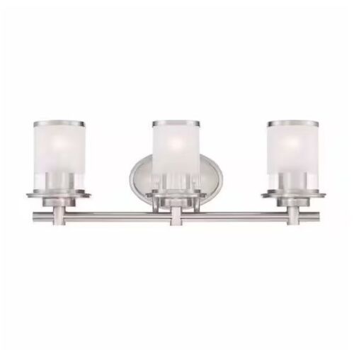 Lot of (2) Hampton Bay Truitt 23.25 in. 3-Light Brushed Nickel Vanity Light with Frosted and Clear Edge Glass Shades - Lot 448JF