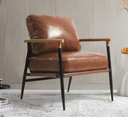 Uixe Mid-Century Modern Brown Faux Leather Upholstery Arm Chair with Metal Legs - Lot 83JF