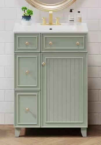 Polibi 24 in. W Single Sink Freestanding Bath Vanity in Green with White Ceramic Top, 2 Drawers and 1 Door - Lot 31JF