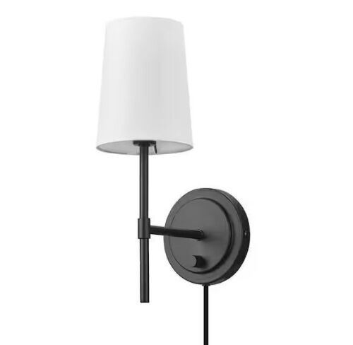 Lot of (2) Hampton Bay Byrson 6 in. 1-Light Matte Black Wall Sconce Light with Plug-In/Hardwire White Fabric Shade for Indoor Use - Lot 512JF