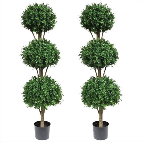 66" Artificial Boxwood Triple Ball Topiary Trees, Set of 2 - Lot 25JF
