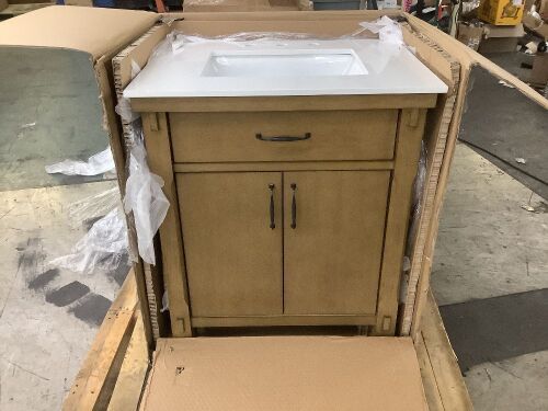 Home Decorators Collection Bellington 30 in. Single Sink Almond Toffee Bath Vanity with White Engineered Stone Top - Broken Top - Lot 19JF