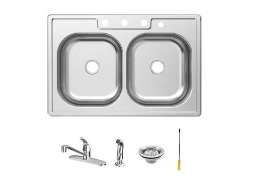 Glacier Bay 33 in. Drop-In 50/50 Double Bowl 20 Gauge Stainless Steel Kitchen Sink with Faucet - Lot 11JF