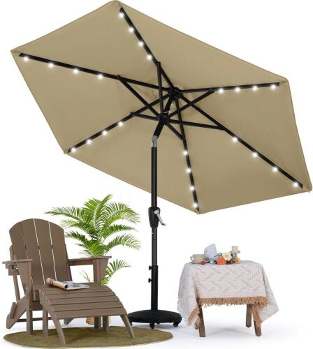 MASTERCANOPY Patio Umbrella with Solar LED Lights, 7.5ft, Khaki - Lot 786