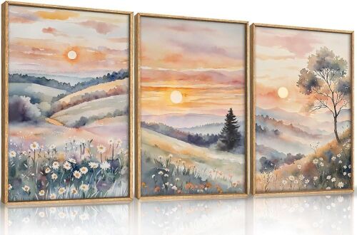 Watercolor Boho Sunset Framed Canvas Wall Art Set - Lot 196