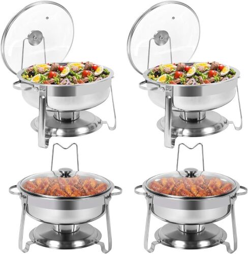 4 QT Stainless Steel Round Chafing Dishes with Glass Lid & Lid Holder, 4 Pack - Lot 229