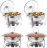 4 QT Stainless Steel Round Chafing Dishes with Glass Lid & Lid Holder, 4 Pack - Thumbnail 1