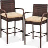Set of 2 Indoor Outdoor Wicker Bar Stools w/ Cushion, Footrests, Armrests - Thumbnail 1