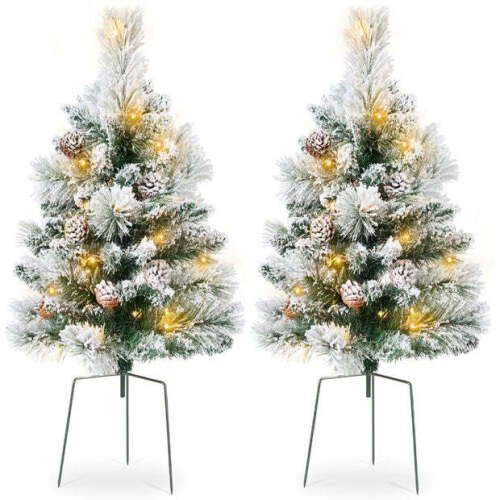 Set of 2 Pre-Lit Pathway Christmas Trees w/ Pine Cones, Timer - 24.5in - Lot 2190