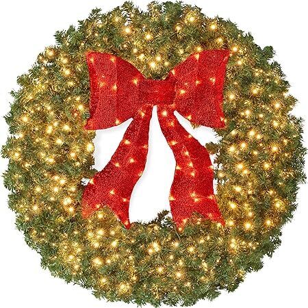 48in Large Artificial Pre-Lit Fir Christmas Wreath Holiday Accent Decoration for Door, Mantel w/Red Lighted Bow, 250 LED Lights, 714 PVC Tips, Power Plug-in - Lot 2101