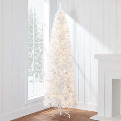 Pre-Lit White Pencil Christmas Tree w/ Metal Base, Incandescent Lights 7.5ft - Lot 2196