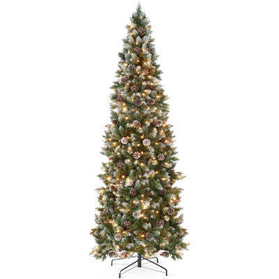 6ft Pre-Lit Partially Flocked Pencil Christmas Tree w/ Pine Cones, Metal Stand - Lot 2192