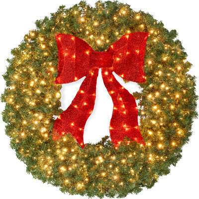 Pre-Lit Artificial Fir Christmas Wreath w/ Red Bow, LED Lights - Lot 2162