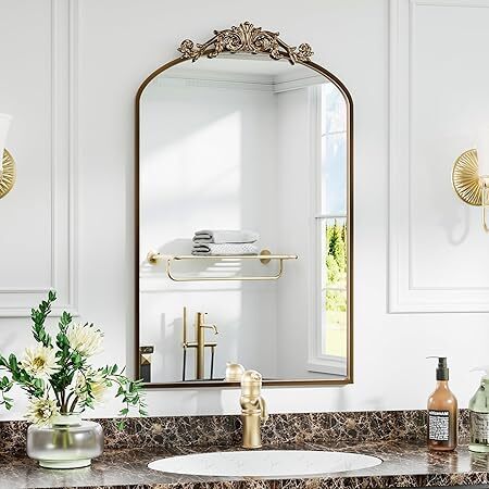 Antique Arched Wall Mirror, 24"x36" Vintage Gold Bathroom Mirror - Baroque Metal Frame Brass Mirror for Living Room, Bathroom, Fireplace, Entryway, Bronze - Lot 2124