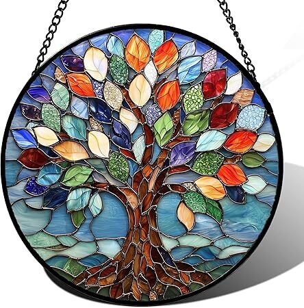 Stained Glass Window Hanging, Colorful Tree of Life Sun Catchers Glass Panel Blue Suncatcher Decor - Lot 2149