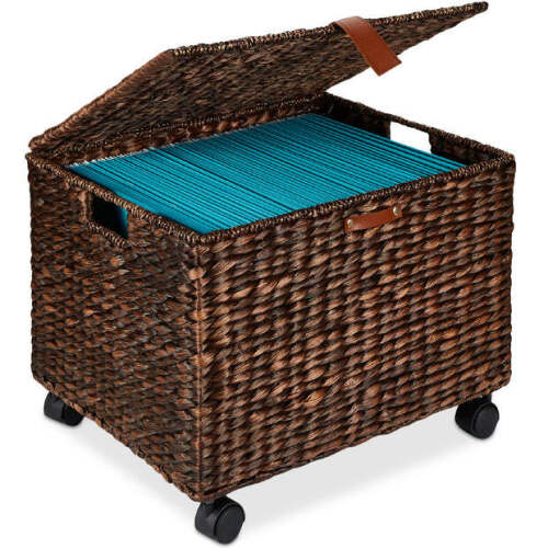 Mobile Water Hyacinth Rolling Filing Cabinet Storage Basket w/ Lid, Wheels - Lot 2240