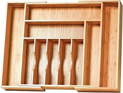 Umilife Extra Large Expandable Kitchen Siverware Utensils Drawer Organizer, 19" Deep for Big Drawer, Adjustable Bamboo Wood Drawer Divider with Curved Grooves, Cutlery Tray Flatware Holder - Lot 2292