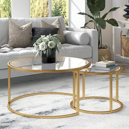 Round Nesting Coffee Table Gold Set of 2 for Living Room, Modern Side Tables with Sturdy Metal Frame and Tempered Glass.Minimalist End Table,Cocktail Table for Dining Room,Home Decor - Lot 2239