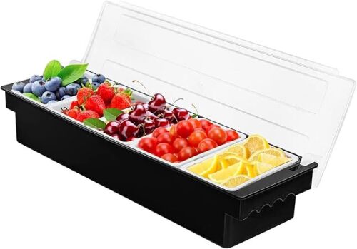 5 Compartment Plastic Dispenser Fruit Veggie Condiment Caddy with Lid，Ice Cooled Condiment Serving Container Chilled Garnish Tray Bar Caddy for Home Work or Restaurant (Black) - Lot 2350
