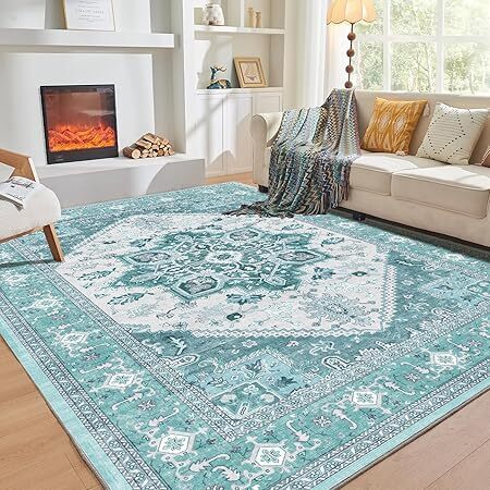 OPPODREAM Thin 6x9 Area Rugs, Washable Rug 6x9 with Non Slip Backing, Faux Cashmere Low-Pile 6 x 9 Carpet, Teal & Turquoise & Cream - Lot 2365