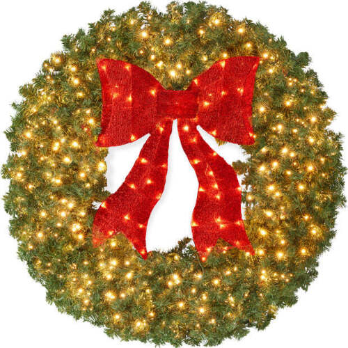 Pre-Lit Artificial Fir Christmas Wreath w/ Red Bow, LED Lights 48in - Lot 2348