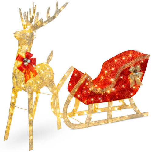 Lighted Christmas Reindeer & Sleigh Outdoor Decor Set w/ LED Lights - Lot 2420