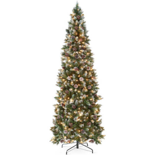 Pre-Lit Partially Flocked Pencil Christmas Tree w/ Pine Cones, Metal Stand 6ft - Lot 2565