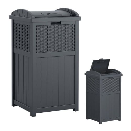 Suncast 33 Gallon Wicker-Style Hideaway Trash Can with Secure Latching Lid and Weather-Resistant Construction - Lot 133JF