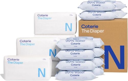Coterie Baby Wipes + Diapers Kit, Size Newborn Diapers (186 Ct) & 12 Pack (672 Ct) Baby Wipes with 99% Water, Plant Based Materials, Hypoallergenic for Sensitive Skin - Lot 634JF