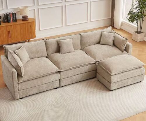 GOJANE 112.2 in. Square Arm L-Shaped Chenille Deluxe Pillow-Styled Modular Sectional Sofa in. Coffee with 1 Ottoman - Lot 5JF