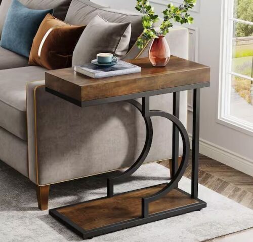 BYBLIGHT Kerlin 23.6 in. Brown and Black C Shaped Wood Narrow End Table - Lot 138JF