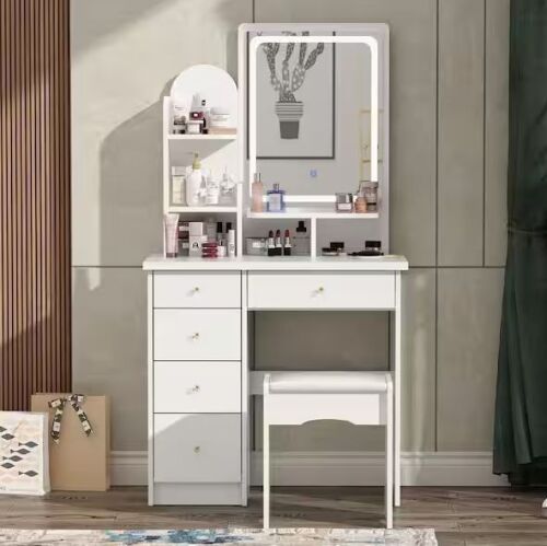 FUFU&GAGA 5-Drawers White Makeup Vanity Dressing Table Set With Stool, Mirror, LED Light and 3-Tier Storage Shelves - Lot 80JF
