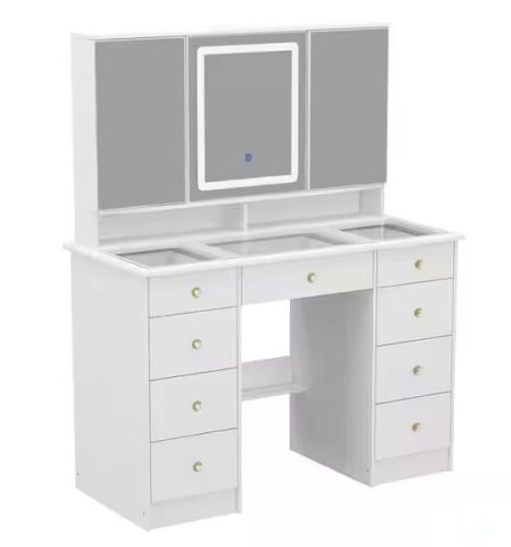 FUFU&GAGA White Makeup Vanity Desk with 3 Mirrors, Glass Top, Hidden Storage Shelves, LED Lighted - Lot 70JF