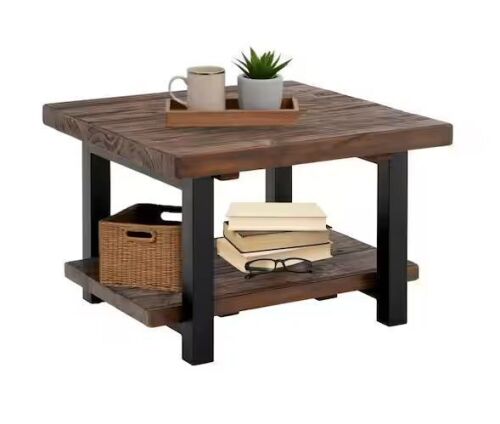 Alaterre Furniture Pomona 27 in. Rustic Natural/Black Square Wood Top Coffee Table with Shelf - Lot 73JF