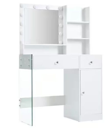 White 35.4 in. W Makeup Vanity with Glass Top, Mirror, 3 Lighting Modes, Storage Shelves and 2 Drawers - Lot 62JF