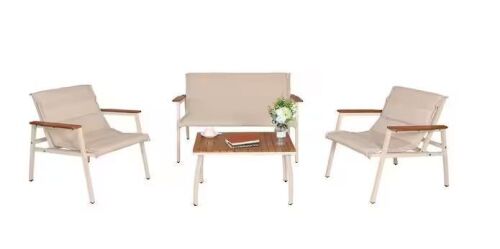4-Piece Patio Conversation Sets with Acacia Wood Table and Beige Cushions - Lot 61JF