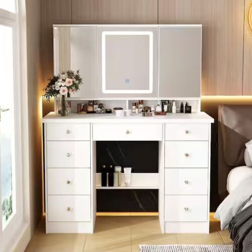 FUFU&GAGA White Modern Makeup Vanity Desk 9 Drawers, 3 Mirrors, Hidden Storage Shelves, LED Lighted - Lot 56JF