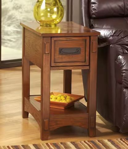 Signature DESIGN BY ASHLEY Breegin 13 in. Brown Rectangle Wood Chairside End Table with Shelf - Broken Drawer Pull - Lot 418JF