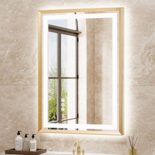 Brushed Gold Metal Frame LED Bathroom Mirror, 20" x 28" - Lot 268